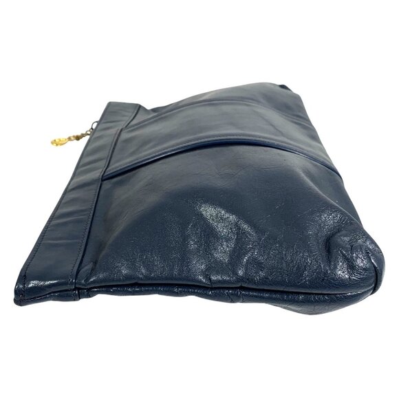 VTG 80s Blue Leather Clutch Handbag Gold Tone Hardware Top Zip Piping - Picture 2 of 9